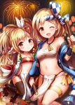  2girls ;d animal_ears bandeau bare_shoulders beads blonde_hair blush breasts brown_eyes brown_legwear collarbone commentary_request detached_sleeves djeeta_(granblue_fantasy) drum_master_(granblue_fantasy) drumsticks feathers fireworks granblue_fantasy hachimaki hair_beads hair_feathers hair_ornament harbin headband long_hair looking_at_viewer makira_(granblue_fantasy) medium_breasts multiple_girls navel nejiri_hachimaki one_eye_closed open_mouth pelvic_curtain sakura_ani sarashi short_hair small_breasts smile stomach thigh-highs v wide_sleeves 