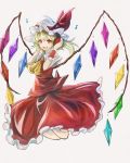  1girl :d ascot bent_knees blonde_hair crystal flandre_scarlet frilled_shirt_collar frilled_skirt frills full_body hat hat_ribbon headphones looking_at_viewer mob_cap musical_note open_mouth psyren2 puffy_short_sleeves puffy_sleeves red_eyes red_ribbon red_skirt red_vest ribbon shirt short_sleeves side_ponytail skirt skirt_set smile solo touhou vest white_shirt wings wrist_cuffs 