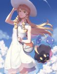 1girl 791_(meiyuewudi) adjusting_clothes adjusting_hat blonde_hair blue_sky closed_mouth cloud collarbone contrail cosmog dress green_eyes hat lillie_(pokemon) long_hair looking_at_viewer outdoors pokemon pokemon_(creature) pokemon_(game) pokemon_sm sleeveless smile white_dress white_hat