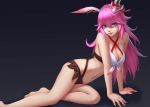  1girl animal_ears aojiao_pinru barefoot benghuai_xueyuan blue_eyes blush breasts cleavage closed_mouth large_breasts long_hair looking_at_viewer navel pink_hair rabbit_ears smile solo yae_sakura_(benghuai_xueyuan) 