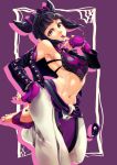  1girl bracelet breasts drill_hair fingerless_gloves gloves han_juri highres jacket jewelry looking_at_viewer midriff nail_polish navel off_shoulder sideboob solo spiked_bracelet spikes stomach street_fighter street_fighter_v toes twin_drills violet_eyes 