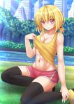  1girl :q abs black_legwear blonde_hair blurry blush breasts building cleavage collarbone depth_of_field highres kazenokaze looking_at_viewer navel original red_eyes river short_shorts shorts singlet skyscraper smile solo squatting sunlight sweat thigh-highs tongue tongue_out zettai_ryouiki 