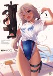  1girl ;d blurry breasts brown_eyes bullpup commentary_request competition_swimsuit covered_navel depth_of_field fang fukai_ryousuke grey_hair gun hair_ornament hair_ribbon hairclip highleg highleg_swimsuit holster long_hair looking_at_viewer one-piece_swimsuit one_eye_closed open_mouth original revision ribbon see-through shirt small_breasts smile solo swimsuit swimsuit_under_clothes thigh_gap thigh_holster thigh_strap tied_shirt trigger_discipline untying very_long_hair weapon wet wet_clothes 