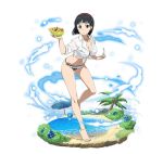  1girl anklet ball bare_shoulders beachball bikini black_eyes black_hair blue_flower breasts cleavage collarbone food frilled_bikini frills fruit green_bikini hair_ornament hairband hairclip holding holding_fruit jewelry kirigaya_suguha large_breasts leaning_forward looking_at_viewer midriff navel necklace one_leg_raised palm_tree parted_lips red_hairband see-through shirt short_hair simple_background solo standing standing_on_one_leg stomach striped striped_bikini swimsuit sword_art_online tied_shirt tree water white_background white_shirt 