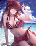  1girl breasts brown_hair cleavage collarbone eyebrows_visible_through_hair fate/grand_order fate_(series) flower hair_flower hair_ornament hisabosi large_breasts looking_at_viewer navel red_eyes scathach_(fate/grand_order) scathach_(swimsuit_assassin)_(fate) sitting solo water wet 