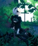  1girl armchair black_dress black_gloves blindfold boots breasts chair cleavage cleavage_cutout dav-19 dress feather-trimmed_sleeves gloves highres moss nier_(series) nier_automata plant puffy_sleeves rain ruins short_hair silver_hair sitting solo thigh-highs thigh_boots vines window yorha_no._2_type_b 