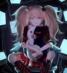  1girl 270_(artist) bear_hair_ornament black_boots black_shirt blonde_hair blue_eyes boots dangan_ronpa dangan_ronpa_1 enoshima_junko eyebrows_visible_through_hair grin hair_ornament highres indoors long_hair miniskirt monokuma pleated_skirt red_skirt shiny shiny_clothes shirt sitting skirt smile solo twintails very_long_hair 