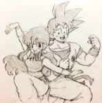  1boy 1girl :d black_eyes chi-chi_(dragon_ball) chinese_clothes clenched_hand couple dougi dragon_ball eye_contact happy long_hair looking_at_another looking_back monochrome one_leg_raised open_mouth outstretched_arms ponytail short_hair simple_background smile son_gokuu spiky_hair tkgsize wristband 