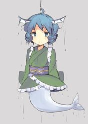  1girl ahoge arms_at_sides bangs blue_eyes blue_hair captured fins frilled_kimono frills green_kimono hook japanese_clothes kimono komineya_san lavender_background long_sleeves looking_at_viewer mermaid monster_girl obi sad sash short_hair simple_background solo touhou wakasagihime wet wet_clothes wet_hair 