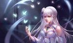  1girl breasts cleavage emilia_(re:zero) flower hair_flower hair_ornament large_breasts long_hair looking_at_viewer looking_away parted_lips pointy_ears re:zero_kara_hajimeru_isekai_seikatsu solo white_flower white_hair zema_haru 