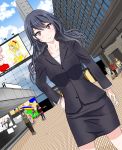  1girl absurdres artist_request bangs black_skirt blue_hair dutch_angle formal hand_on_hip highres long_hair looking_at_viewer office_lady pencil_skirt red_eyes seikaisuru_kado skirt solo suit swept_bangs tsukai_saraka 