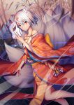  1girl animal_ears breasts cleavage collarbone eyebrows_visible_through_hair fox_ears fox_tail hair_ornament hairclip japanese_clothes kimono kyuubi large_breasts looking_at_viewer mask multiple_tails original red_eyes short_hair silver_hair solo tail xiaosan_ye 