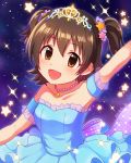 1girl :d akagi_miria arm_garter arm_up blue_dress blush bow brown_eyes brown_hair collarbone commentary_request dress eyebrows_visible_through_hair frilled_dress frills hair_ornament highres idolmaster idolmaster_cinderella_girls jewelry looking_at_viewer open_mouth outstretched_arm pendant polka_dot polka_dot_bow purple_bow sky smile solo sparkle star star_(sky) star_hair_ornament starry_sky strapless strapless_dress tiara two_side_up unmoving_pattern youta_(yta_uta) 