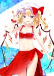 1girl alternate_costume bare_arms bikini blonde_hair breasts collarbone contrapposto cowboy_shot fangs flandre_scarlet hand_up hat hat_ribbon highres looking_at_viewer mob_cap multicolored multicolored_eyes navel open_mouth petals red_bikini ribbon sakipsakip sarong scrunchie short_hair side_ponytail simple_background small_breasts solo standing swimsuit touhou two-tone_background w wings wrist_scrunchie 
