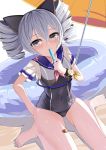  1girl absurdres bandaid barefoot beach_umbrella benghuai_xueyuan black_bow blue_sailor_collar bow bronya_zaychik casual_one-piece_swimsuit covered_navel drill_hair food gatari grey_eyes hair_bow highres innertube long_hair looking_at_viewer one-piece_swimsuit popsicle sailor_collar sailor_shirt shirt silver_hair sitting solo swimsuit twin_drills umbrella wariza 