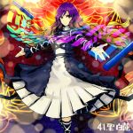  1girl black_boots boots brown_eyes brown_hair dress floating_hair gradient_hair hijiri_byakuren long_hair looking_at_viewer lowres meitei multicolored_hair outstretched_arms purple_hair serious solo sorcerer&#039;s_sutra_scroll touhou wavy_hair white_dress 