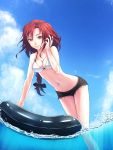  1girl black_ribbon blue_background blue_sky breasts brown_eyes clouds cloudy_sky collarbone commentary_request day fisheye hair_ribbon hand_in_hair highres inflatable_toy leaning_forward long_hair looking_at_viewer low_tied_hair medium_breasts navel parted_lips redhead ribbon short_shorts shorts sky smile solo sugi_214 wading water white_bikini_top 