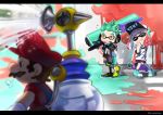  1girl 2boys aqua_hair baseball_cap blue_eyes brown_hair closed_eyes commentary_request domino_mask f.l.u.d.d. facial_hair gloves grin hat ink_on_face inkling kaekae legs_crossed letterboxed light_brown_eyes looking_away mario super_mario_bros. mask multiple_boys mustache pointy_ears smile splat_roller_(splatoon) splatoon splatoon_2 standing super_mario_sunshine tentacle_hair twitter_username water 