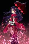  1girl ;) alternate_costume black_gloves black_hair blush cherry_blossoms closed_mouth cowboy_shot earrings fate/grand_order fate_(series) floral_print from_behind gloves hair_ornament hair_ribbon hayabusa highres hoop_earrings ishtar_(fate/grand_order) japanese_clothes jewelry kimono long_hair long_sleeves looking_at_viewer looking_back obi one_eye_closed parasol petals pointing pointing_at_viewer red_eyes ribbon sash smile solo standing tohsaka_rin two_side_up umbrella wide_sleeves 