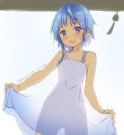  1girl :d alternate_costume bare_arms blue_eyes blue_hair blush commentary dated dress kangoku_kou kantai_collection looking_at_viewer minazuki_(kantai_collection) open_mouth see-through_silhouette short_hair skirt_hold smile solo sundress twitter_username white_dress wind_chime 