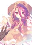  1girl :o animal_hood black_legwear blonde_hair brown_gloves commentary_request gloves gradient_hair hair_between_eyes hood jibril_(no_game_no_life) long_hair long_sleeves looking_at_viewer multicolored_hair no_game_no_life orange_hair outstretched_arm parted_lips pom_pom_(clothes) red_eyes redhead robe simple_background sleeves_past_wrists solo_focus thigh-highs very_long_hair white_background wide_sleeves yuizaki_kazuya 