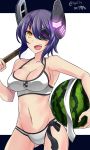  1girl 2017 bikini breasts cowboy_shot dated eyepatch food fruit headgear hebitsukai-san highres kantai_collection looking_at_viewer medium_breasts necktie open_mouth purple_hair short_hair solo stick swimsuit tenryuu_(kantai_collection) twitter_username watermelon white_bikini yellow_eyes 