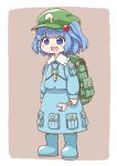  1girl :d backpack bag blue_dress blue_eyes blue_hair blush_stickers boots chibi child commentary_request dress eyebrows_visible_through_hair full_body green_hat hat holding kawashiro_nitori key looking_away open_mouth poronegi pouch rubber_boots smile solo standing touhou twintails wrench 