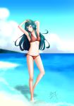  1girl 2017 beach bikini blue_eyes blue_hair blush cowboy_shot cute fire_emblem fire_emblem:_kakusei fire_emblem_heroes full_body highres intelligent_systems lin_(ryun_vell) long_hair looking_at_viewer lucina navel nintendo parted_lips sexy sexy_pose smile solo summer super_smash_bros. swimsuit tiara 