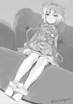  1girl anda_inmu bangs blush bow bow_panties closed_mouth commentary_request couch dutch_angle eyebrows_visible_through_hair full_body greyscale hairband heart komeiji_satori long_sleeves messy_hair monochrome panties panty_pull pleated_skirt short_hair sitting skirt solo third_eye touhou twitter_username underwear 