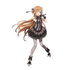  1girl ;d asuna_(sao) brown_eyes brown_hair dress floating_hair full_body gloves grey_dress grey_gloves grey_legwear grey_ribbon hair_ribbon holding holding_microphone layered_dress long_hair microphone one_eye_closed open_mouth pantyhose ribbon short_dress simple_background smile solo standing sword_art_online very_long_hair white_background 