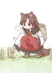  &gt;:&gt; 1girl :&gt; animal_ears basket blush_stickers boots breath brown_hair child commentary_request eyebrows_visible_through_hair gem grass hand_on_own_knee imaizumi_kagerou jewelry long_hair long_sleeves looking_down mushroom poronegi red_eyes red_vest scarf simple_background smile solo squatting tail touhou vest white_background wide_sleeves wolf_ears wolf_girl wolf_tail 