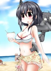  3girls :d beach bikini_top black_hair bow breasts brown_eyes brown_hair cleavage clouds cloudy_sky collarbone empty_eyes hair_bow hair_flaps hair_ornament hair_ribbon hairband hairclip holding horizon kantai_collection light_brown_hair long_hair looking_at_viewer machinery multiple_girls navel ocean open_mouth ouno_(nounai_disintegration) remodel_(kantai_collection) ribbon shaved_ice shiratsuyu_(kantai_collection) short_hair sky smile sweat turret yamashiro_(kantai_collection) yuudachi_(kantai_collection) 