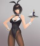  1girl animal_ears bangs bare_shoulders black_bow black_bowtie black_hair blunt_bangs bottle bow bowtie breasts cleavage commentary_request covered_navel cup daglasses detached_collar drinking_glass eyelashes green_eyes grey_background hand_on_hip highres hips holding holding_tray large_breasts leotard looking_at_viewer original pantyhose rabbit_ears short_hair simple_background smile solo thighs tray wrist_cuffs 