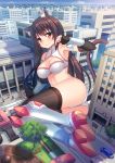  1girl animal_ears black_hair blush breasts cat_ears cat_tail city cleavage cleavage_cutout elbow_gloves fingerless_gloves giantess gloves highres long_hair looking_at_viewer midriff original red_eyes smile solo tail thigh-highs ureshiijelek 