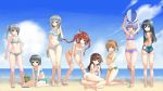  &gt;;d 6+girls :d ;d arare_(kantai_collection) arashio_(kantai_collection) arms_up asagumo_(kantai_collection) asashio_(kantai_collection) ass backless_outfit ball beach beachball bent_over bikini black_hair blue_eyes blue_sky blush breasts brown_eyes brown_hair clouds cloudy_sky commentary_request criss-cross_halter day double_bun flat_chest from_behind front-tie_bikini front-tie_top full_body gluteal_fold green_bikini green_eyes grey_hair hair_rings hairband halterneck hand_on_hip highres kantai_collection kasumi_(kantai_collection) kneeling kuronaga light_brown_eyes light_brown_hair long_hair looking_at_viewer low-tied_long_hair michishio_(kantai_collection) multiple_girls navel ocean one-piece_swimsuit one_eye_closed ooshio_(kantai_collection) open_mouth polka_dot polka_dot_bikini redhead sandals sandals_removed short_hair side_ponytail sitting sky small_breasts smile standing swimsuit twintails violet_eyes wariza white_bikini yamagumo_(kantai_collection) yellow_bikini 
