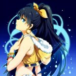  1girl beyond_the_vibes black_hair blue_background blue_eyes bracelet crop_top earrings from_side ganaha_hibiki hair_between_eyes hair_ribbon high_ponytail idolmaster jewelry long_hair midriff restaint ribbon solo upper_body very_long_hair yellow_ribbon 