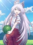  1girl bare_arms blue_sky bow clouds cloudy_sky collared_shirt day dress_shirt food fruit fujiwara_no_mokou hair_bow highres holding holding_fruit long_hair looking_at_viewer nurupo_(abooon) open_mouth outdoors pants red_eyes shirt sky smile solo suspenders torn_clothes torn_shirt touhou very_long_hair watermelon white_hair white_shirt wing_collar 