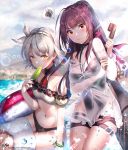  2girls blush breasts brown_hair cleavage eyebrows_visible_through_hair food girls_frontline highres kyjsogom large_breasts long_hair looking_at_viewer looking_away multiple_girls navel naver_username ponytail popsicle red_eyes revision silver_hair speech_bubble tdi_vector_(girls_frontline) wa2000_(girls_frontline) watermark web_address yellow_eyes 