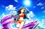  1girl bikini black_hair breasts brown_eyes cleavage clouds day fingerless_gloves gloves grin ground_vehicle helmet idolmaster idolmaster_cinderella_girls idolmaster_cinderella_girls_starlight_stage jacket large_breasts leather leather_jacket long_hair motor_vehicle motorcycle motorcycle_helmet mukai_takumi o-ring o-ring_bikini official_art palm_tree sitting smile solo swimsuit tree 