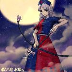  1girl arrow blue_eyes blue_skirt bow bow_(weapon) braid clouds cloudy_sky full_moon hat long_skirt lowres meitei moon multicolored multicolored_clothes multicolored_skirt night night_sky nurse_cap outdoors red_skirt silver_hair single_braid skirt skirt_set sky solo standing star_(sky) starry_sky touhou weapon yagokoro_eirin 