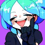1other androgynous aqua_hair artist_request blush center_opening closed_eyes green_hair houseki_no_kuni index_finger_raised juliet_sleeves long_sleeves lowres open_mouth phosphophyllite puffy_sleeves simple_background smile solo teeth