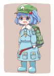  1girl :d backpack bag blue_dress blue_eyes blue_hair blush_stickers boots chibi child commentary_request crowbar dress empty_eyes eyebrows_visible_through_hair full_body green_hat hat holding kawashiro_nitori key looking_away open_mouth poronegi pouch rubber_boots smile solo standing touhou twintails 