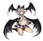  1girl :d arms_at_sides bare_shoulders bat_wings blush brown_shoes collar crop_top detached_sleeves facial_mark full_body hair_between_eyes hat head_wings long_sleeves looking_at_viewer navel open_mouth original pointy_ears psyren2 red_eyes shoes silver_hair sitting skirt smile solo stomach wariza white_skirt wings 