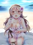  1girl ayame_(norie11) beach bikini bikini_skirt black_ribbon blush breasts cleavage day eyebrows_visible_through_hair female_my_unit_(fire_emblem_if) fire_emblem fire_emblem_heroes fire_emblem_if flower food hair_between_eyes hair_flower hair_ornament hairband hibiscus holding ice_cream kneeling leg_ribbon long_hair looking_at_viewer melting my_unit_(fire_emblem_if) open_mouth pointy_ears popsicle pov pov_feeding red_eyes ribbon shade signature skirt sky smile solo swimsuit wavy_hair white_hair 