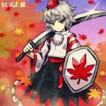  1girl autumn_leaves black_skirt expressionless glint grey_eyes grey_hair hat holding holding_sword holding_weapon inubashiri_momiji leaf_print lowres meitei pom_pom_(clothes) shield short_hair skirt solo sword tokin_hat touhou weapon 