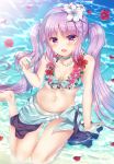  1girl bangs blush breasts euryale eyebrows_visible_through_hair fate/hollow_ataraxia fate_(series) flower hair_flower hair_ornament long_hair looking_at_viewer medium_breasts navel open_mouth petals purple_hair sarong sidelocks sitting smile solo suzune_rena thighs twintails violet_eyes wariza white_flower 