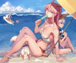  3girls 791_(meiyuewudi) animal_ears ball beach_umbrella benghuai_xueyuan blush breasts character_request cleavage food hat holding holding_ball large_breasts long_hair looking_at_viewer looking_away multiple_girls navel parted_lips pink_hair popsicle rabbit_ears red_eyes short_hair silver_hair sitting surfboard surfing sweat umbrella volleyball 