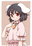  1girl animal_ears bangs black_hair blush bunny_tail carrot_necklace commentary_request dress eyebrows_visible_through_hair finger_to_mouth flat_chest head_tilt inaba_tewi looking_at_viewer pink_dress poronegi puffy_sleeves rabbit_ears red_eyes short_hair smile solo tail touhou upper_body 