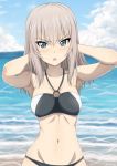  1girl armpits arms_behind_head bikini blue_eyes breasts cleavage girls_und_panzer grey_hair inoshira itsumi_erika long_hair navel ocean solo swimsuit 