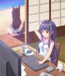  2girls ahoge animal_ears artist_name bare_arms blue_hair brown_hair can cat cellphone computer_mouse dated desk drawing_tablet fox_ears fox_tail from_behind grimace hair_ornament hair_ribbon hand_on_own_head highres indoors kemo_(pokka) keyboard long_hair looking_to_the_side monitor mousepad_(object) multiple_girls orange_eyes original panties phone purple_panties ribbon shirt sitting sleeveless sleeveless_shirt sliding_doors smartphone soda_can stylus t-shirt tail undershirt underwear veranda 